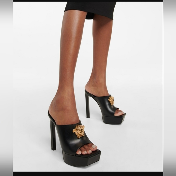 Versace La Medusa Gold 140MM Leather Platform Mules/Sandal Black Size 38/5